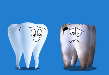 Illustration of Healthy and unhealthy teeth on blue background, illustration. Dental care