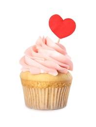 Photo of Tasty cupcake for Valentine's Day on white background