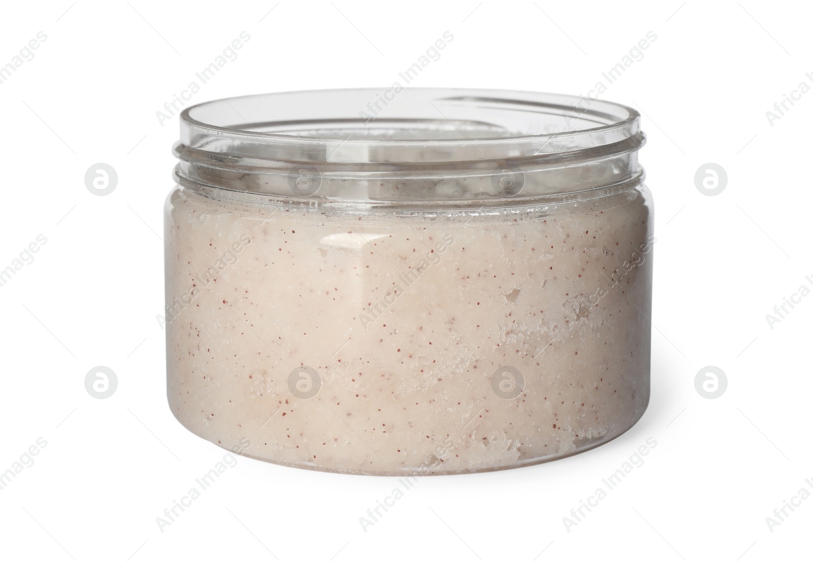 Photo of Body scrub in jar isolated on white