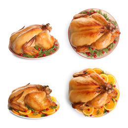 Image of Cooked turkey with different garnishes on white background