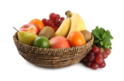 Photo of Fresh ripe fruits and wicker bowl on white background
