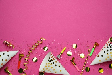 Photo of Flat lay composition with party items on pink background, space for text