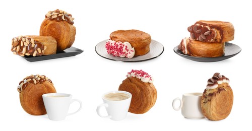 Image of Collection of round croissants and drink isolated on white, top and side views. Puff pastry