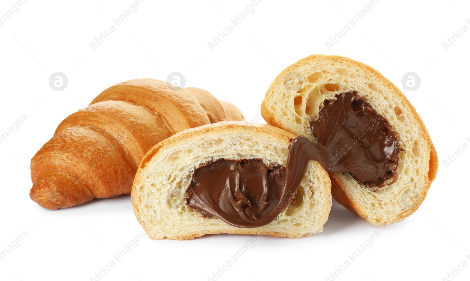 Photo of Delicious fresh croissants with chocolate isolated on white