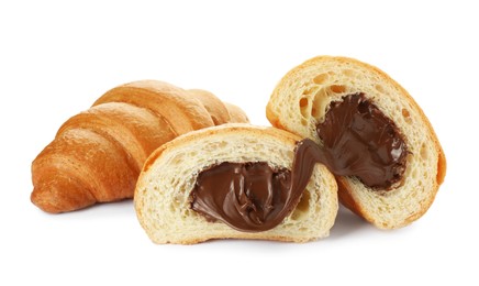 Photo of Delicious fresh croissants with chocolate isolated on white