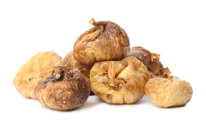 Photo of Delicious dried fig fruits on white background. Organic snack