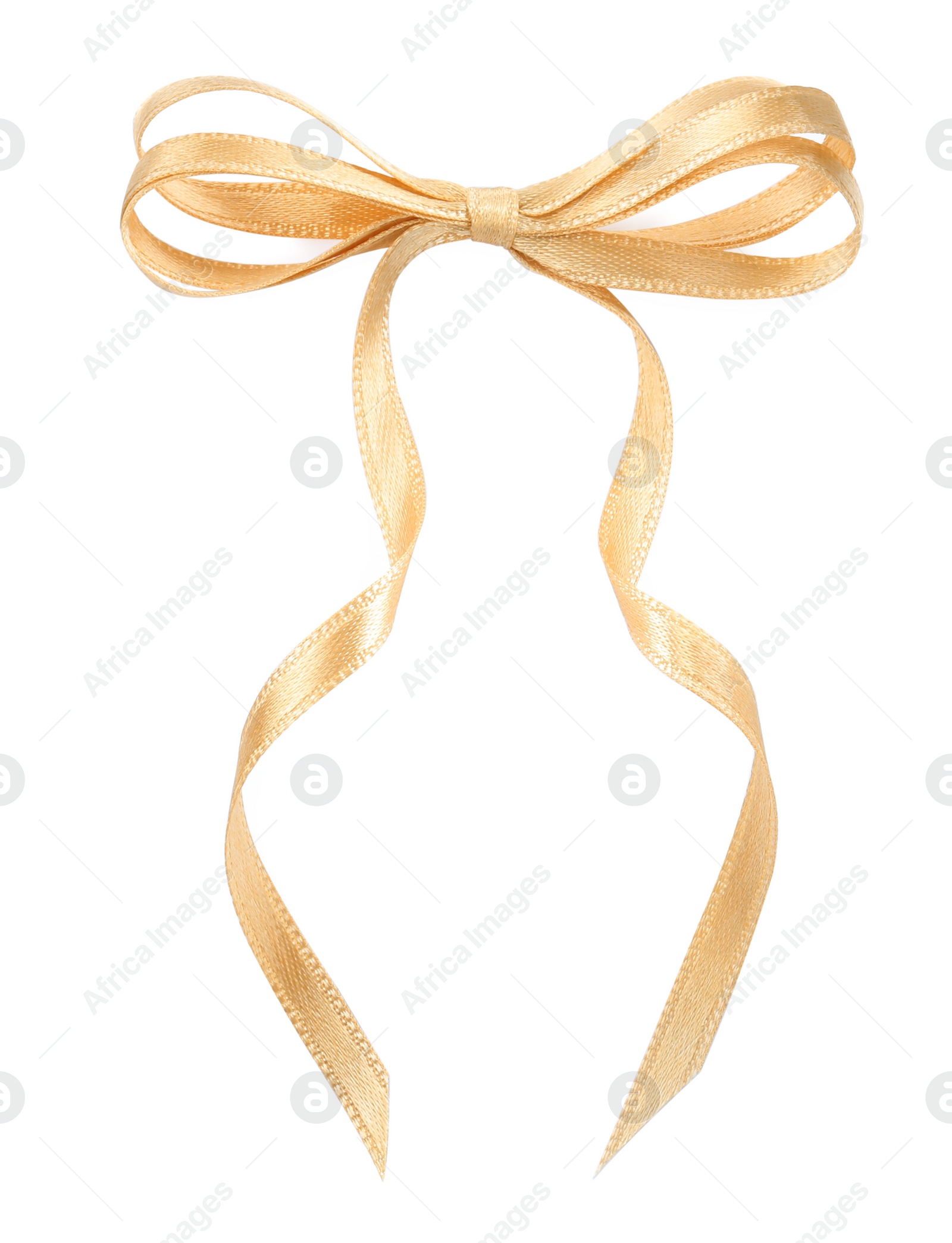 Photo of Beautiful golden ribbon tied in bow isolated on white, top view