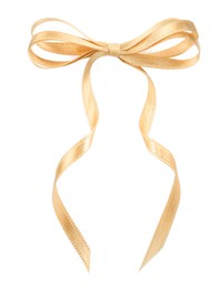 Beautiful golden ribbon tied in bow isolated on white, top view