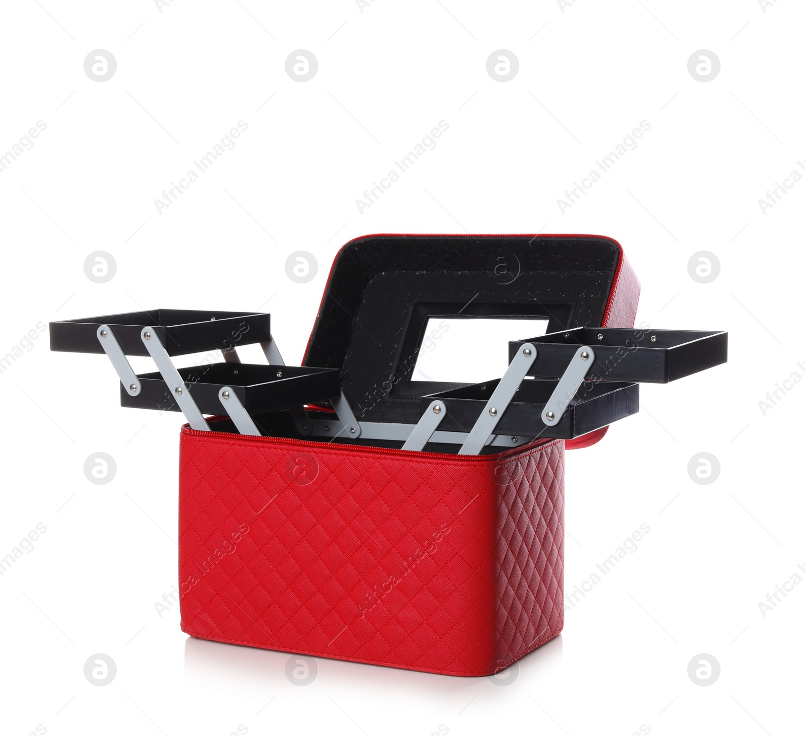 Photo of Stylish case for makeup products on white background