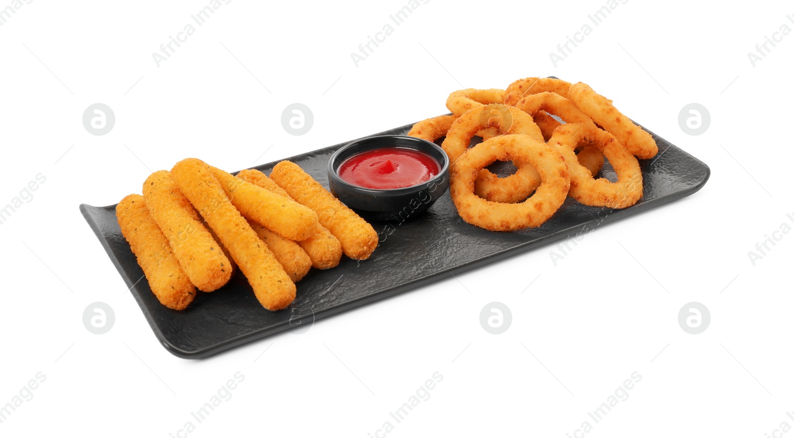 Photo of Tasty fried onion rings, cheese sticks and ketchup isolated on white