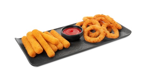Tasty fried onion rings, cheese sticks and ketchup isolated on white