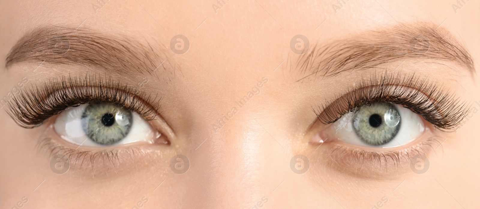 Image of Young woman with beautiful long eyelashes, closeup view. Banner design