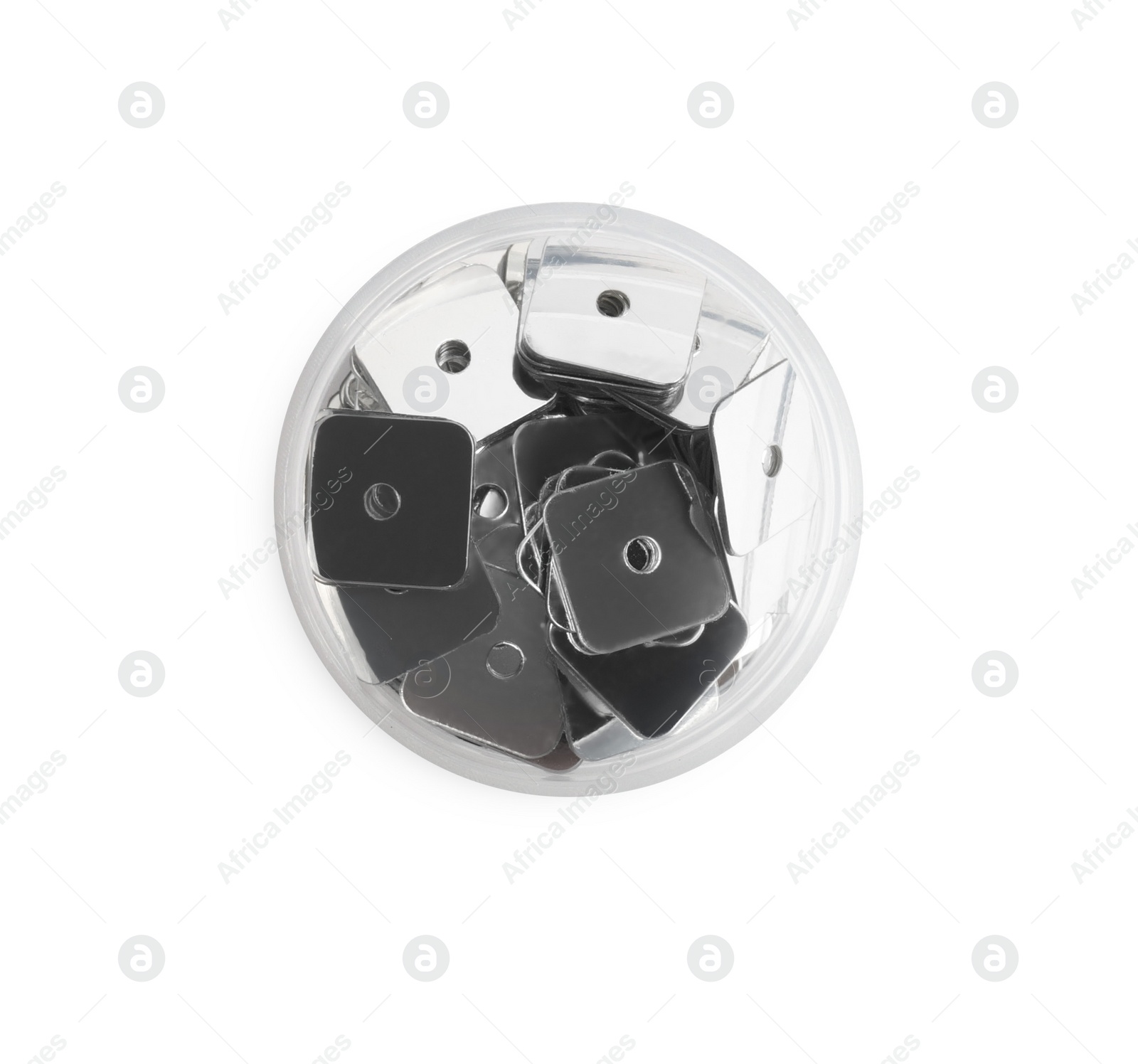 Photo of Grey sequins in container isolated on white, top view