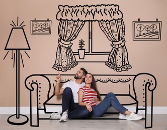 Image of Happy couple dreaming about renovation on floor. Illustrated interior design