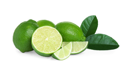 Photo of Fresh ripe green limes isolated on white