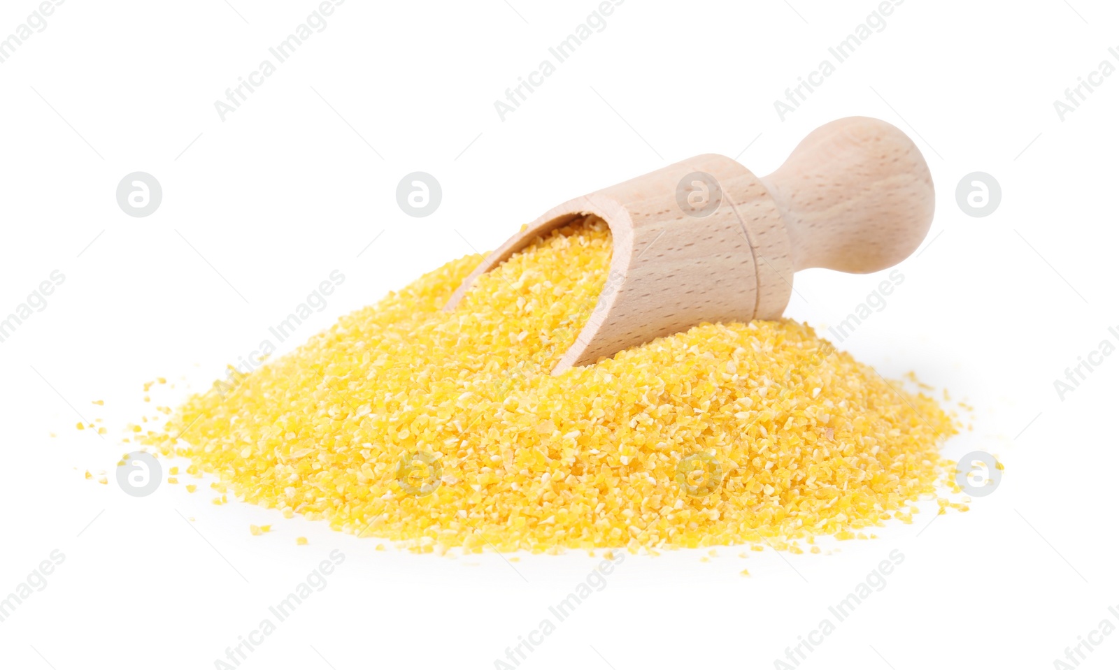 Photo of Pile of raw cornmeal and scoop isolated on white