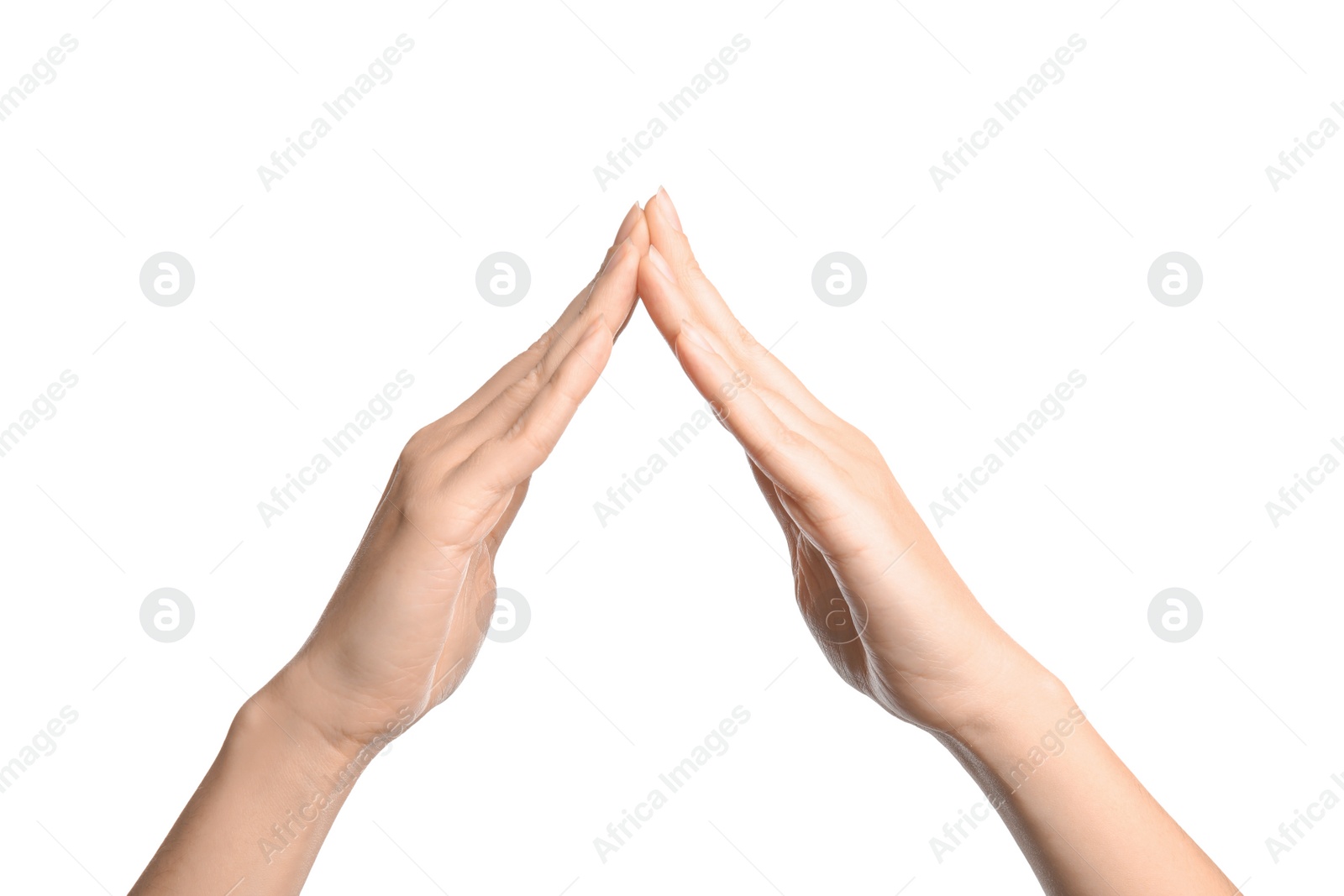 Photo of Woman showing word house on white background, closeup. Sign language