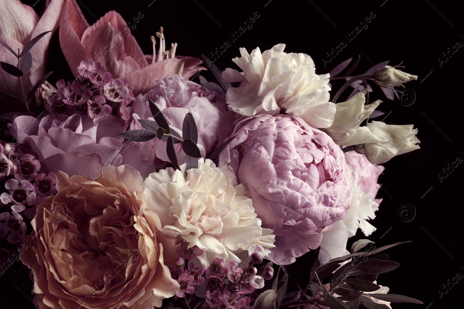 Photo of Beautiful bouquet of different flowers on black background. Floral card design with dark vintage effect