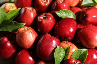 Photo of Fresh ripe red apples with leaves as background, closeup