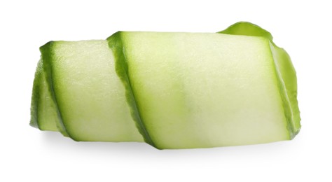 Photo of Slice of fresh cucumber isolated on white, top view