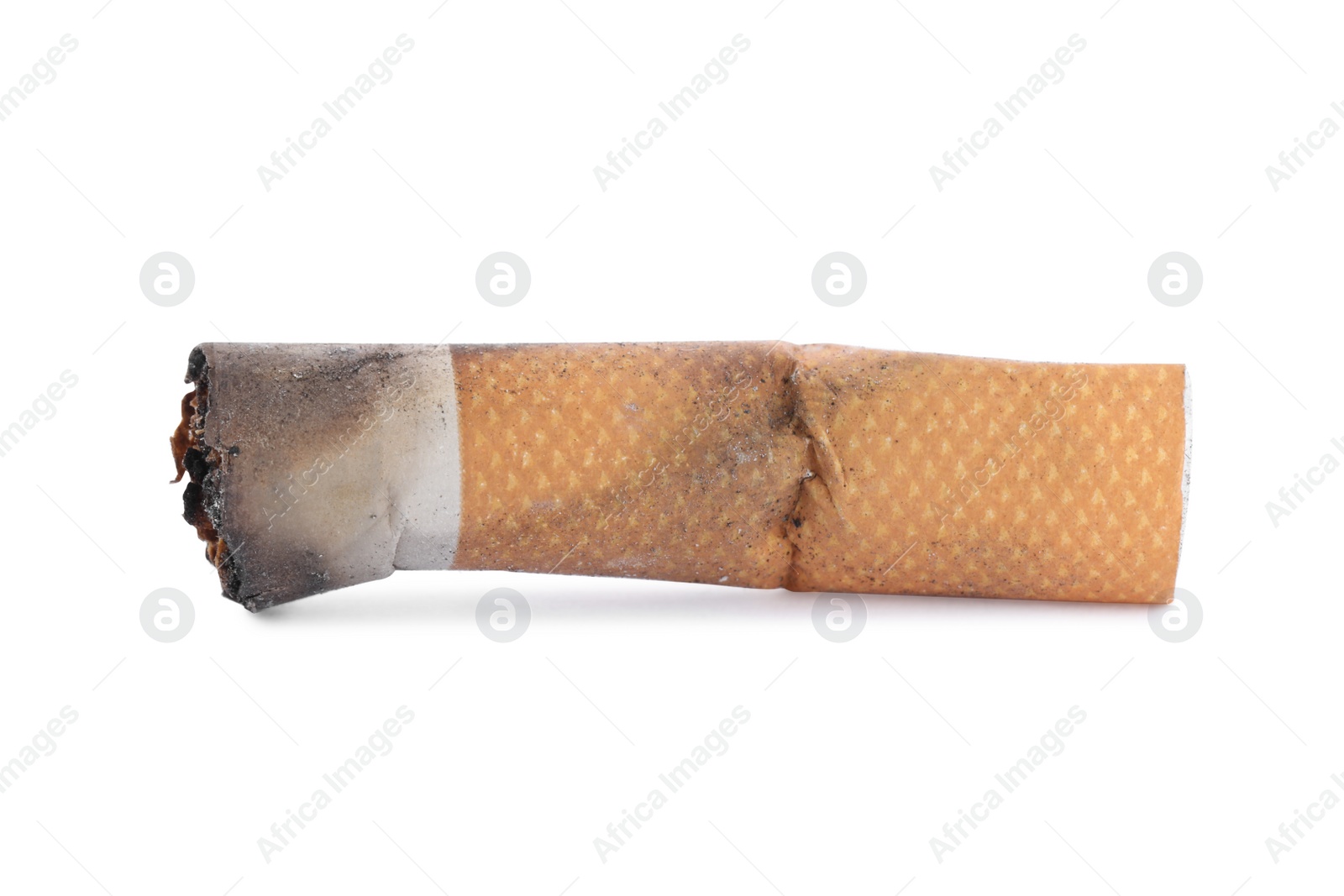 Photo of One burnt cigarette butt isolated on white