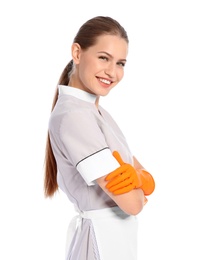 Photo of Portrait of young chambermaid in tidy uniform on white background