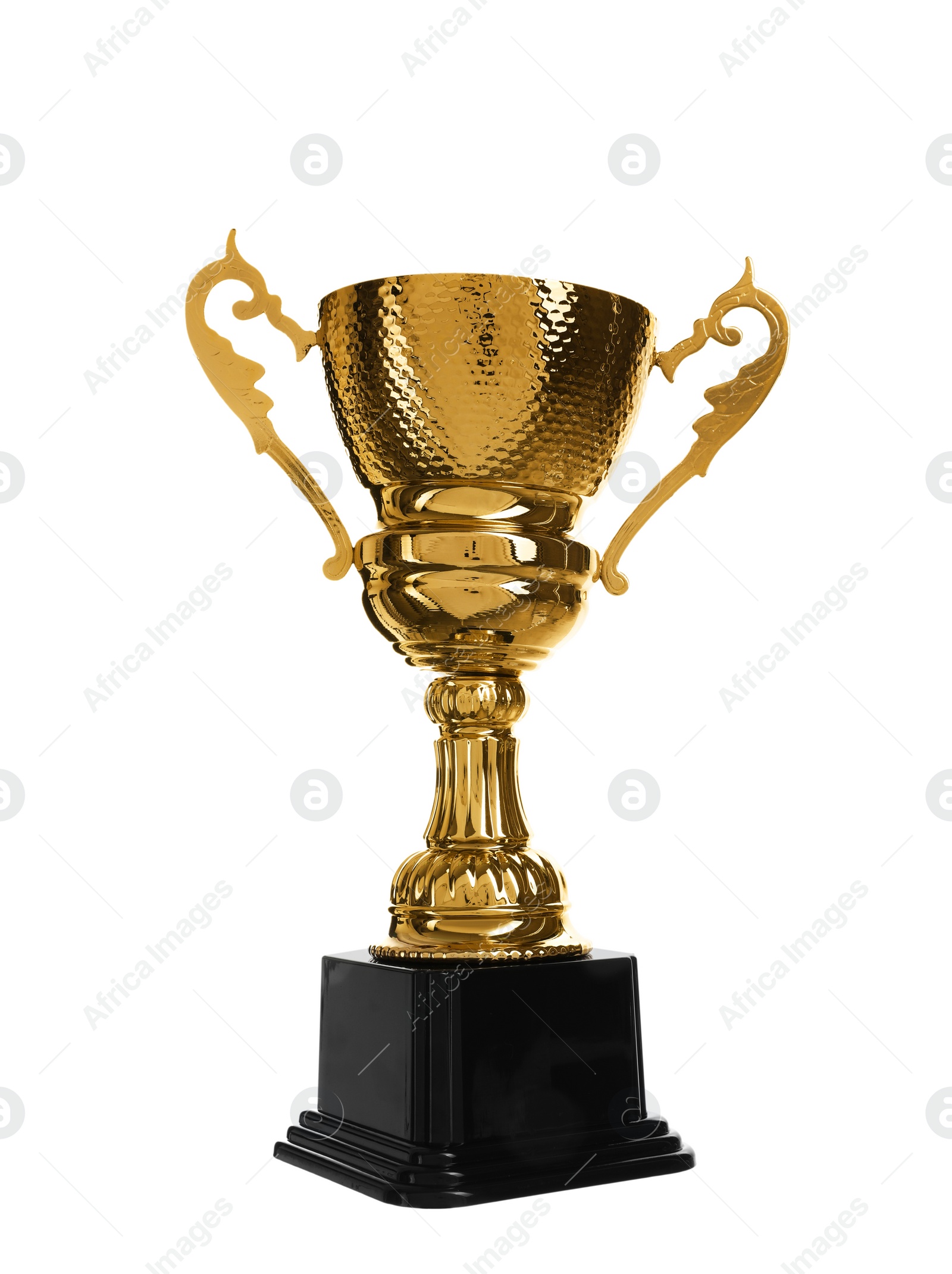 Photo of Shiny gold cup on white background. Winner's trophy