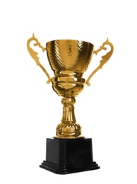 Shiny gold cup on white background. Winner's trophy