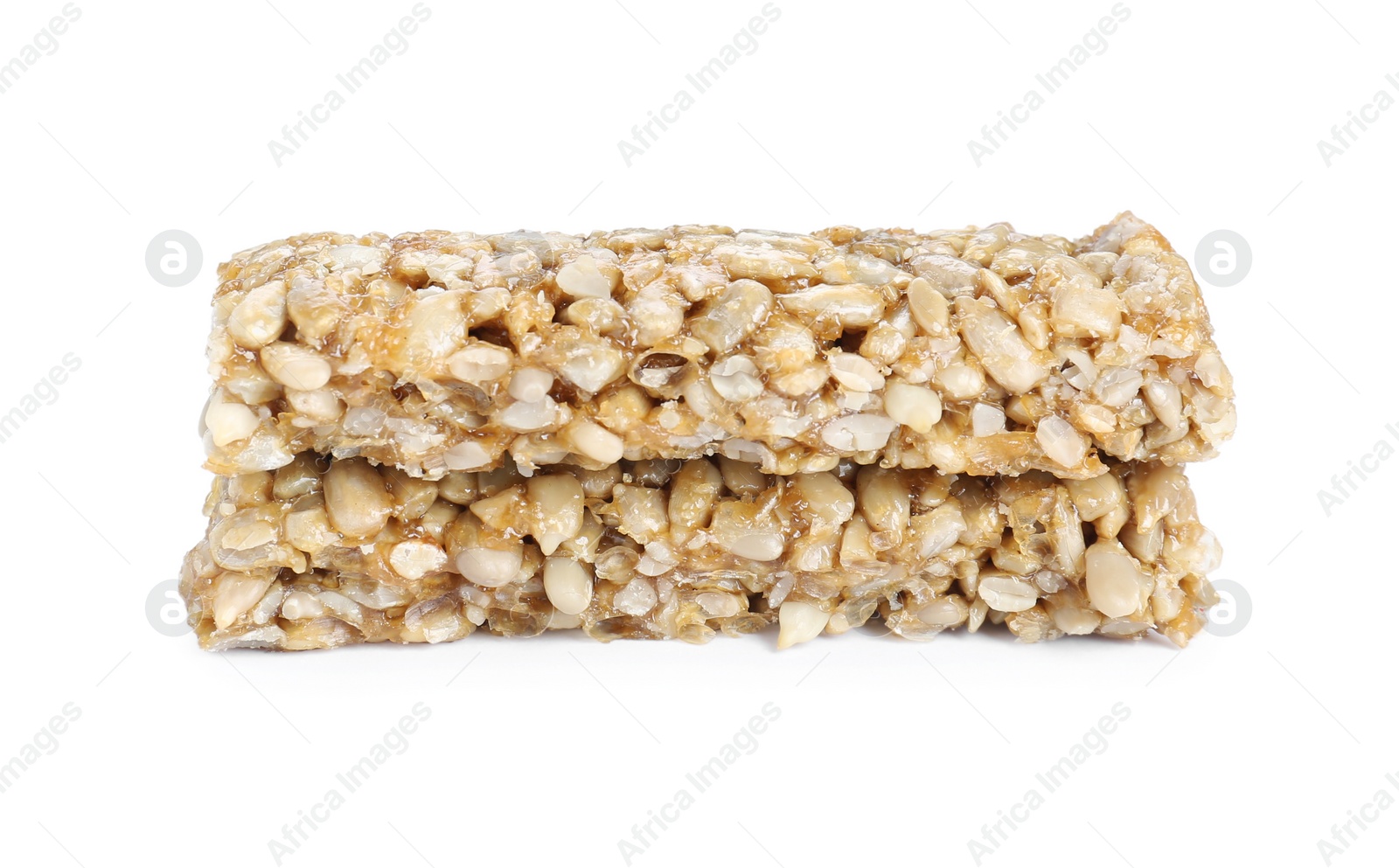 Photo of Tasty sunflower seed bars isolated on white