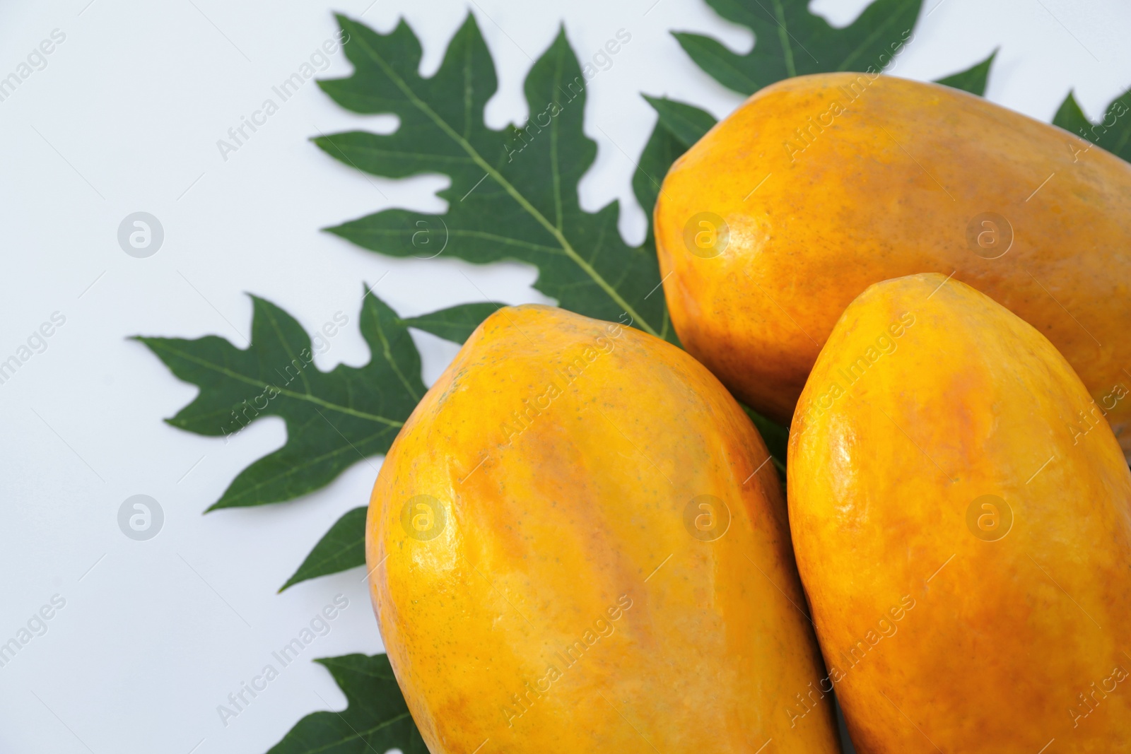 Photo of Fresh ripe papaya fruits and leaf on white background, flat lay. Space for text