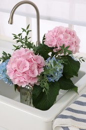Vase with beautiful hortensia flowers in kitchen sink