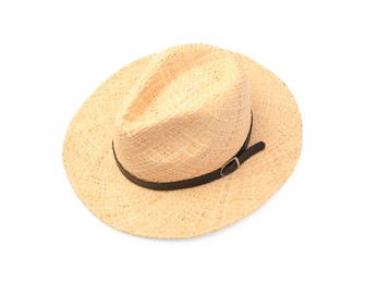 Photo of One stylish straw hat isolated on white