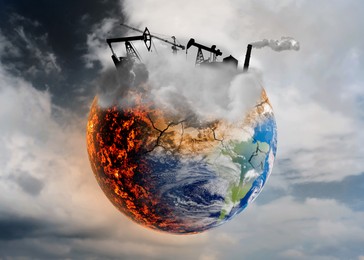 Illustration of Conceptual photo depicting Earth destroyed by global warming and industrial pollution