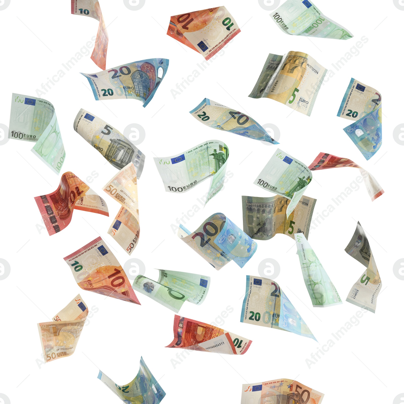 Image of Set of falling money on white background. Currency exchange