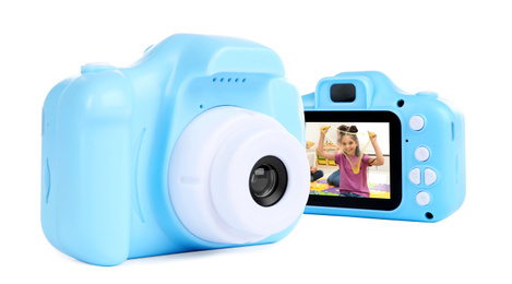 Image of Blue toy cameras on white background in collage, one with photo of cute little girl indoors