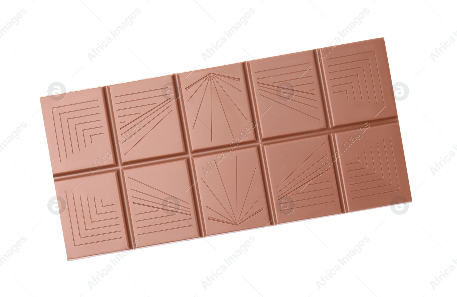 Photo of Delicious milk chocolate bar isolated on white, top view