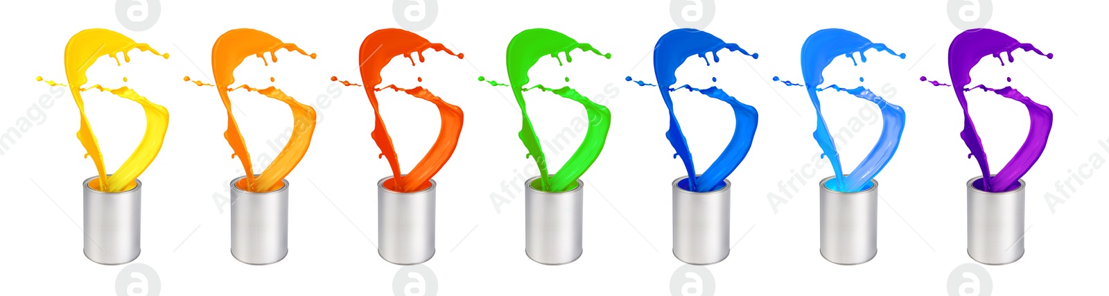 Image of Paint of different colors splashing from cans on white background