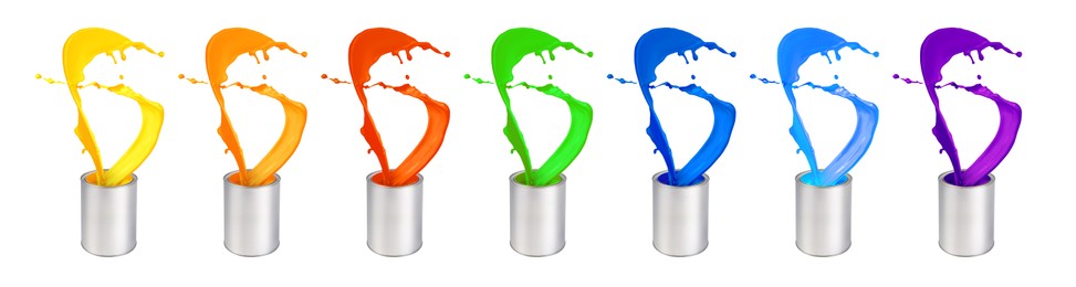 Image of Paint of different colors splashing from cans on white background