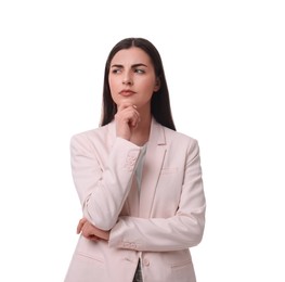 Photo of Beautiful young businesswoman in suit on white background