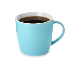 Blue ceramic cup with hot aromatic coffee on white background