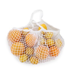 Photo of String bag with oranges and lemons isolated on white, top view