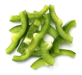 Photo of Pile of green bell pepper slices on white background, top view