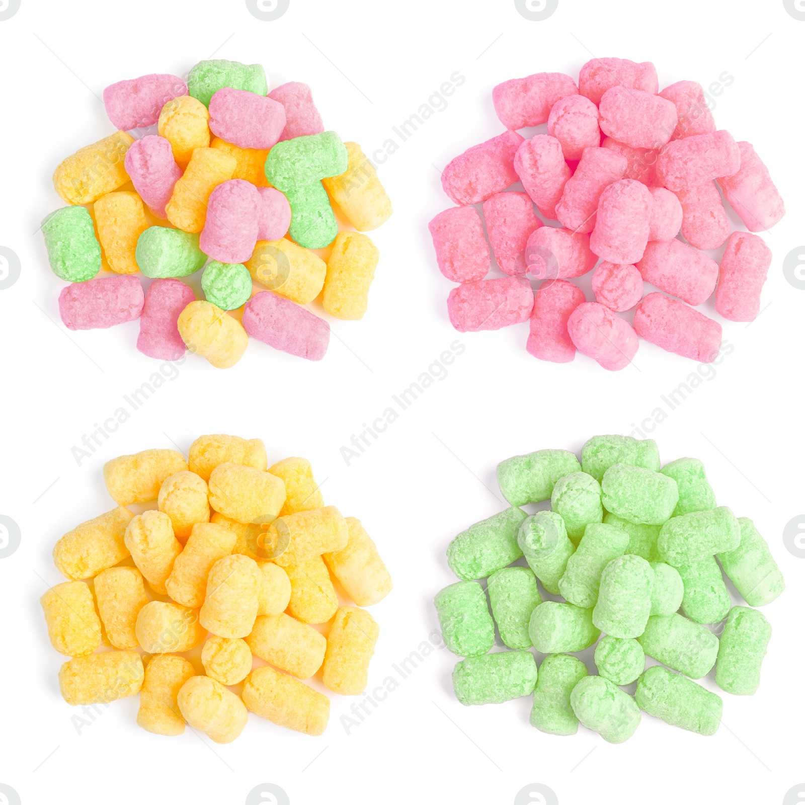 Image of Collage with piles of colorful corn puffs on white background, top view