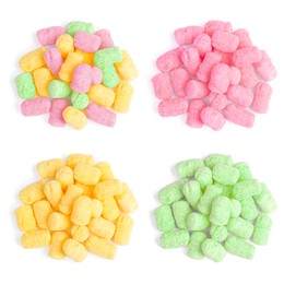 Collage with piles of colorful corn puffs on white background, top view