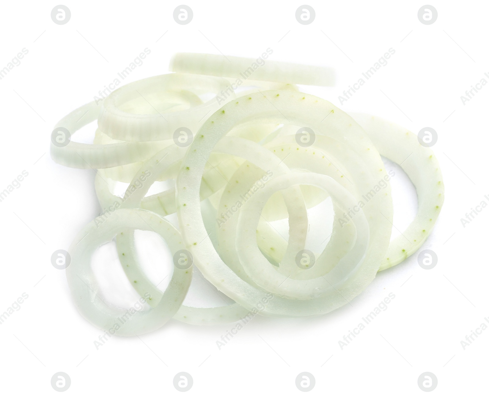 Photo of Fresh raw onion rings on white background