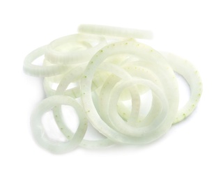 Photo of Fresh raw onion rings on white background