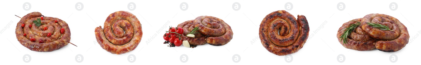 Image of Tasty homemade sausages isolated on white, set