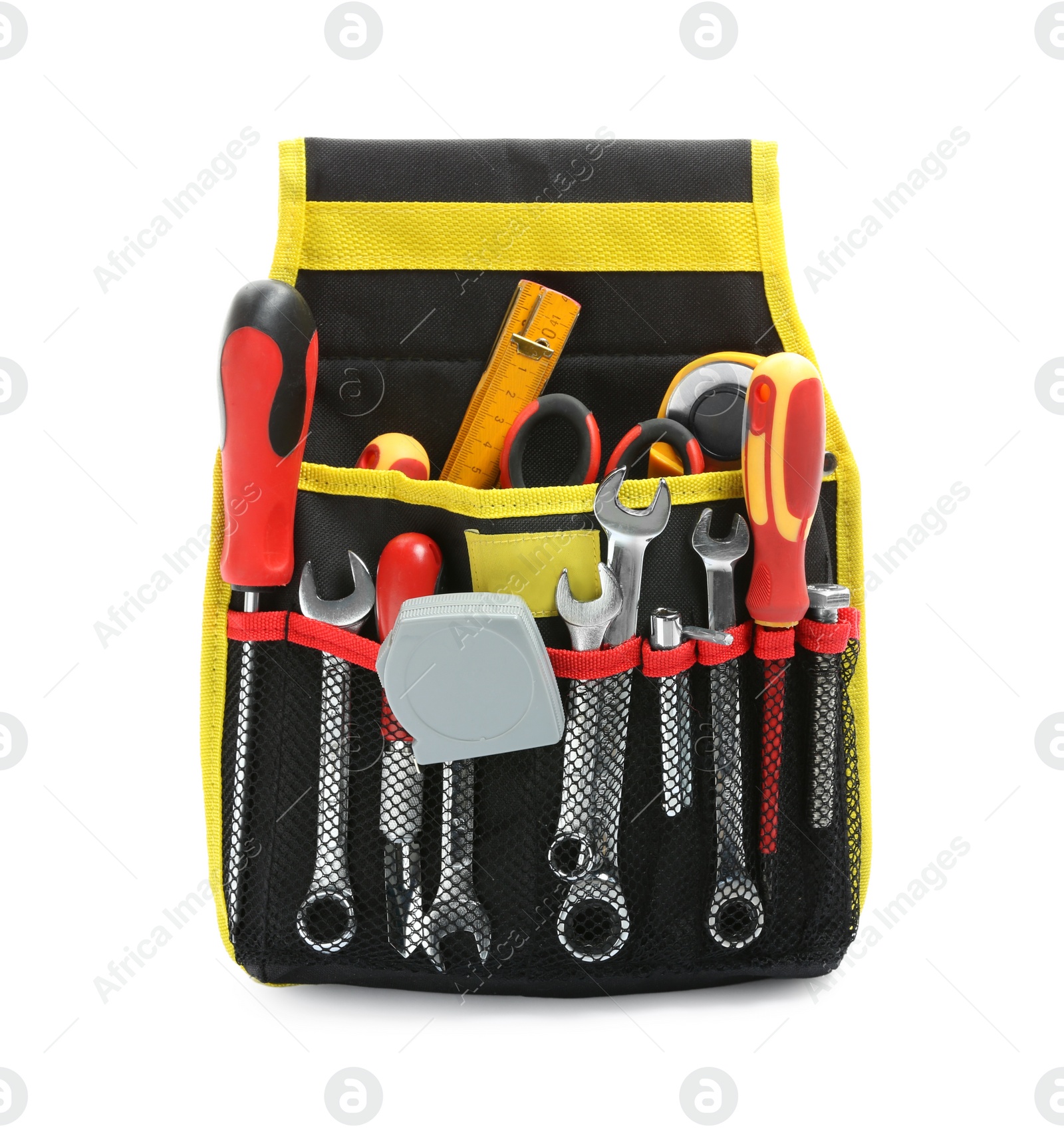 Photo of Bag with different tools isolated on white