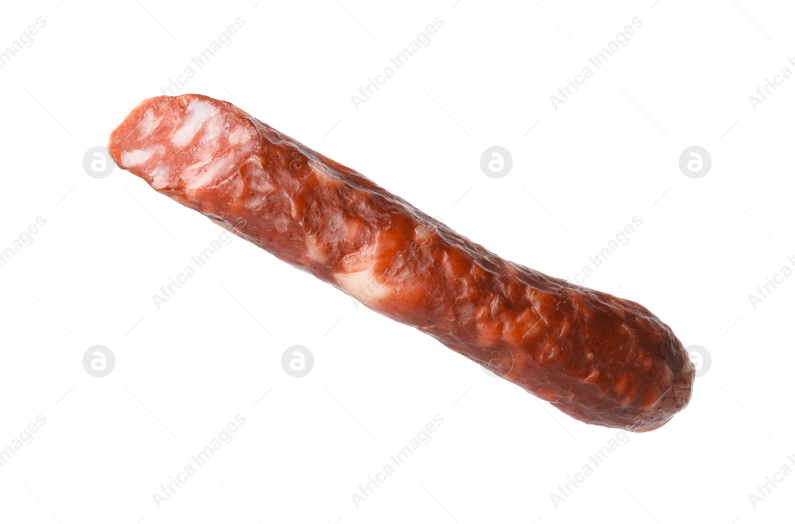 Photo of Thin dry smoked sausage isolated on white