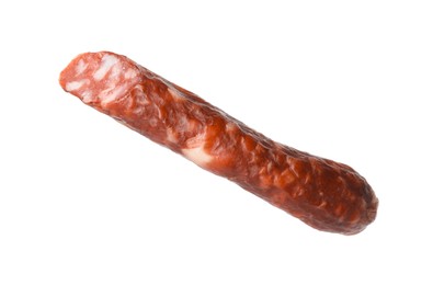 Photo of Thin dry smoked sausage isolated on white